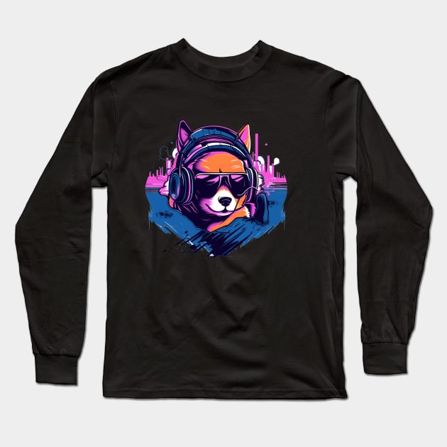 Shiba Inu wears headphones - synth wave style Long Sleeve T-Shirt by ro83land